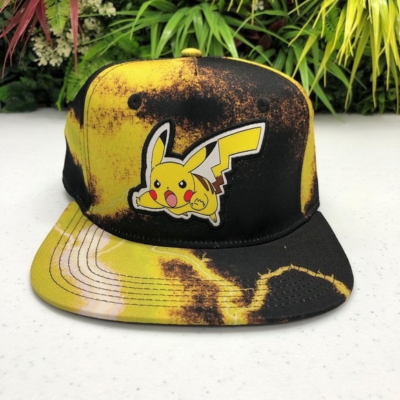 Pokemon Pikachu Hat Cap Snap Back Mens Black Yellow Bioworld Lightning Graphic - Picture 1 of 8